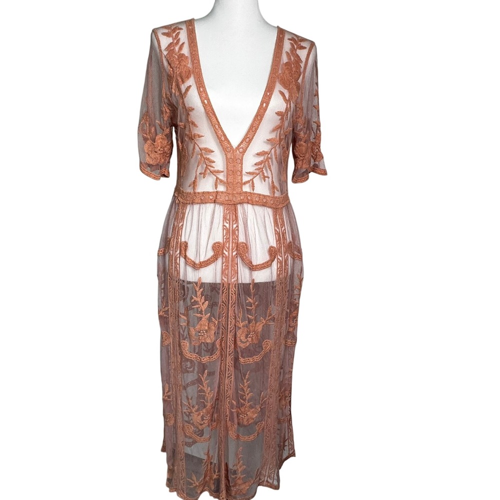 WOVEN HEART Women's Large Peach Pink Lace Duster Kimono Floral Bohemian Cover Up